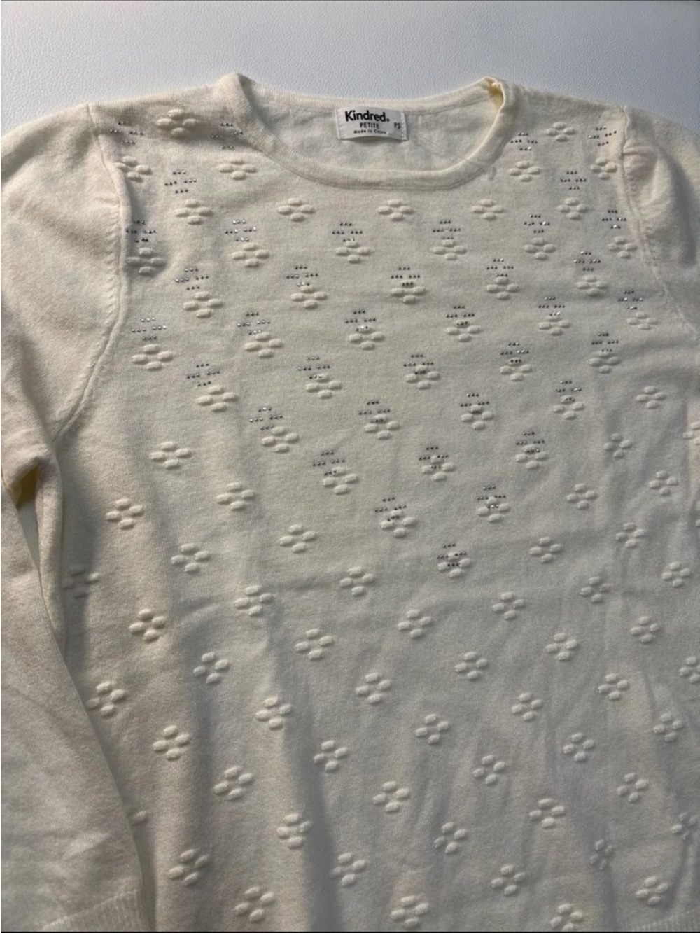 Kindred Petite Cream Pointelle Rhinestone Detail Crewneck Sweater 55% Viscose